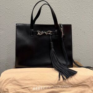 Rebecca Minkoff Florence Black Leather Large Tote Bag Tassels Career Luxury Glam
